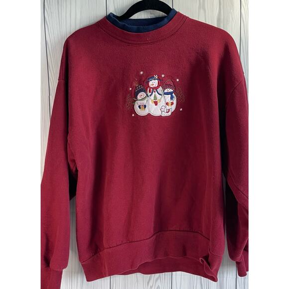 90s Y2k Snowman Puppy  Sweatshirt Cottagecore Blue Pullover Grannycore Sz L - Picture 1 of 6